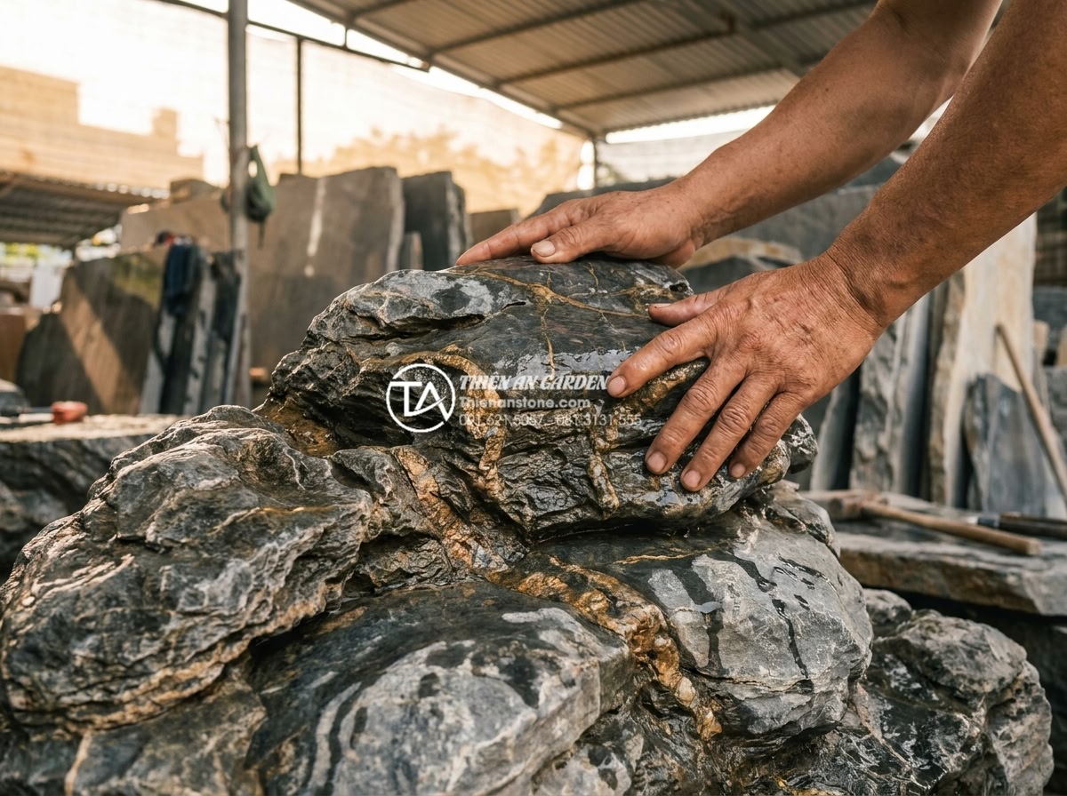 Tiểu Cảnh Sân Nhỏ - Ultra realistic photo of someone touching and examining natural stones at a ston