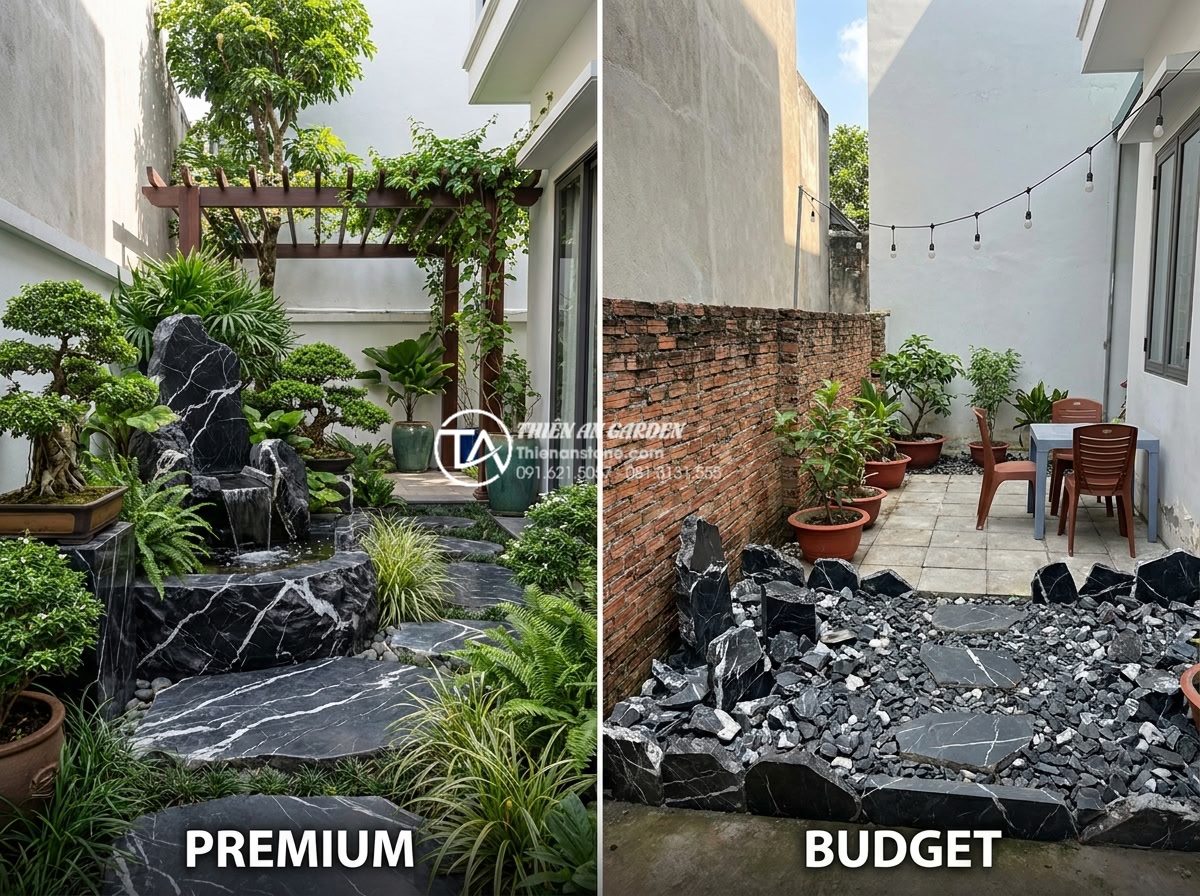 Tiểu Cảnh Sân Nhỏ - Ultra realistic photo comparing two small courtyard gardens side by side - one w