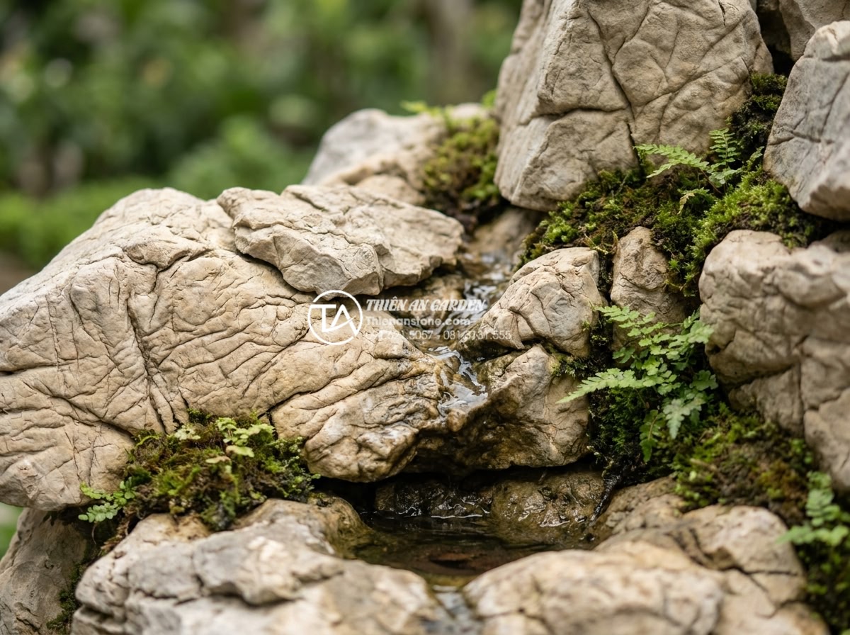 Tiểu Cảnh Sân Nhỏ - Close-up ultra realistic detail of miniature rockery in a small garden, showing 