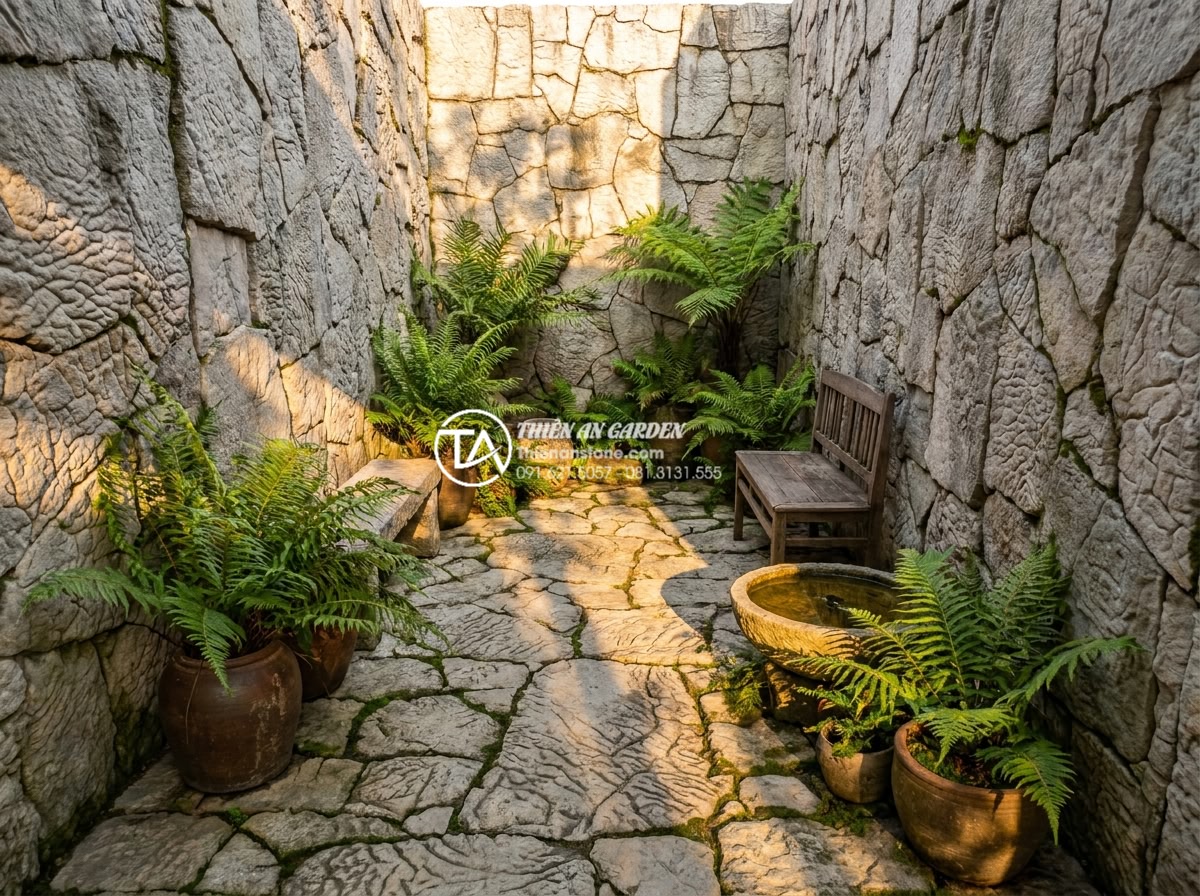 Tiểu Cảnh Sân Nhỏ - Ultra realistic photo of natural light falling into a narrow courtyard garden, l