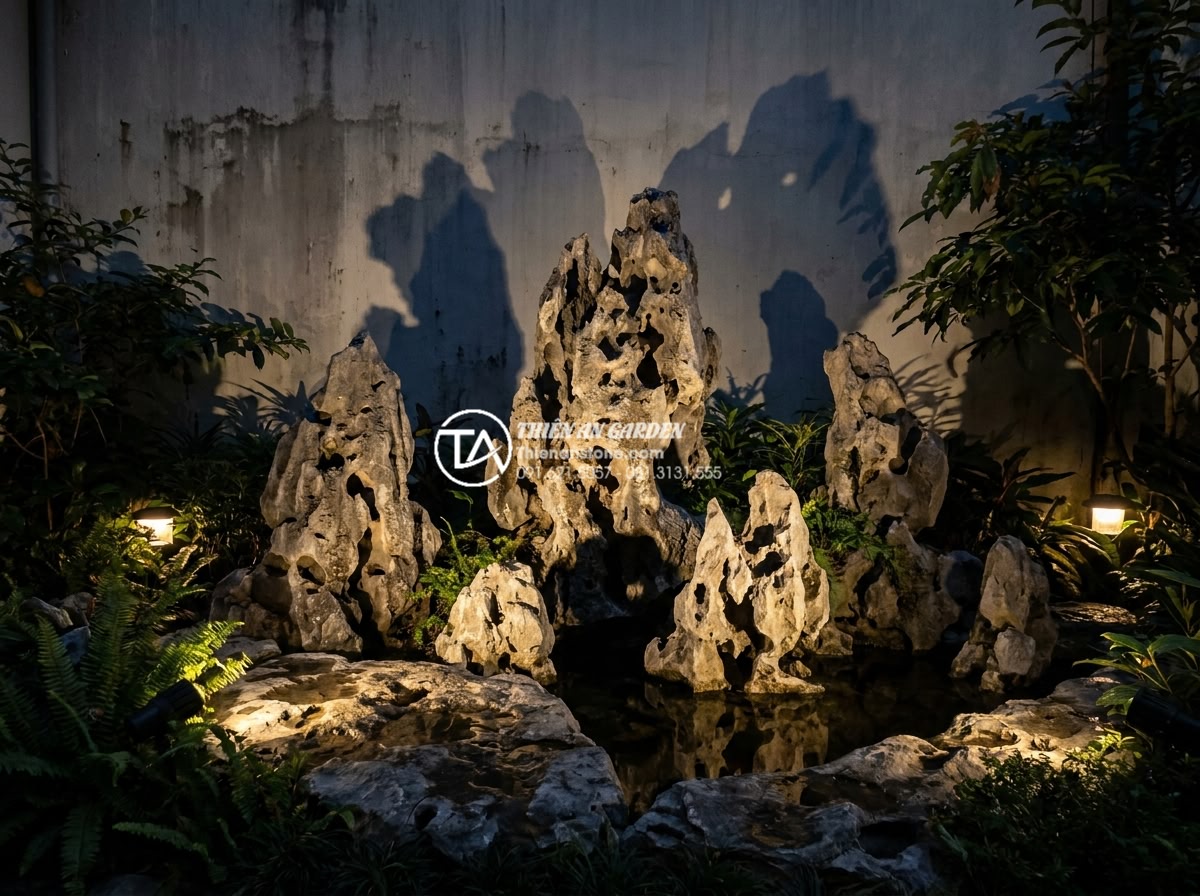 Tiểu Cảnh Sân Nhỏ - Night scene of a small courtyard miniature landscape with LED spot lighting on n