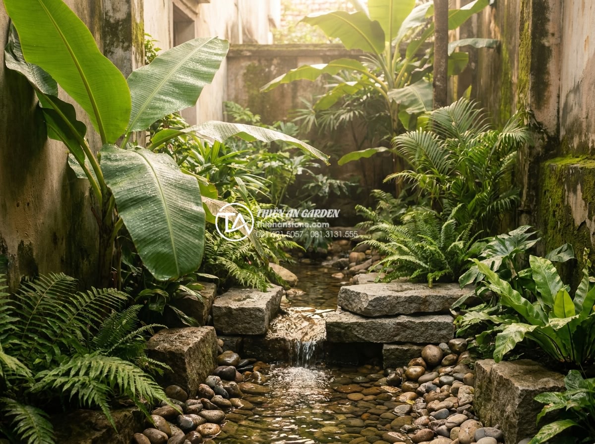 Tiểu Cảnh Sân Nhỏ - Lush tropical miniature garden in a small courtyard, banana leaves, ferns, natur