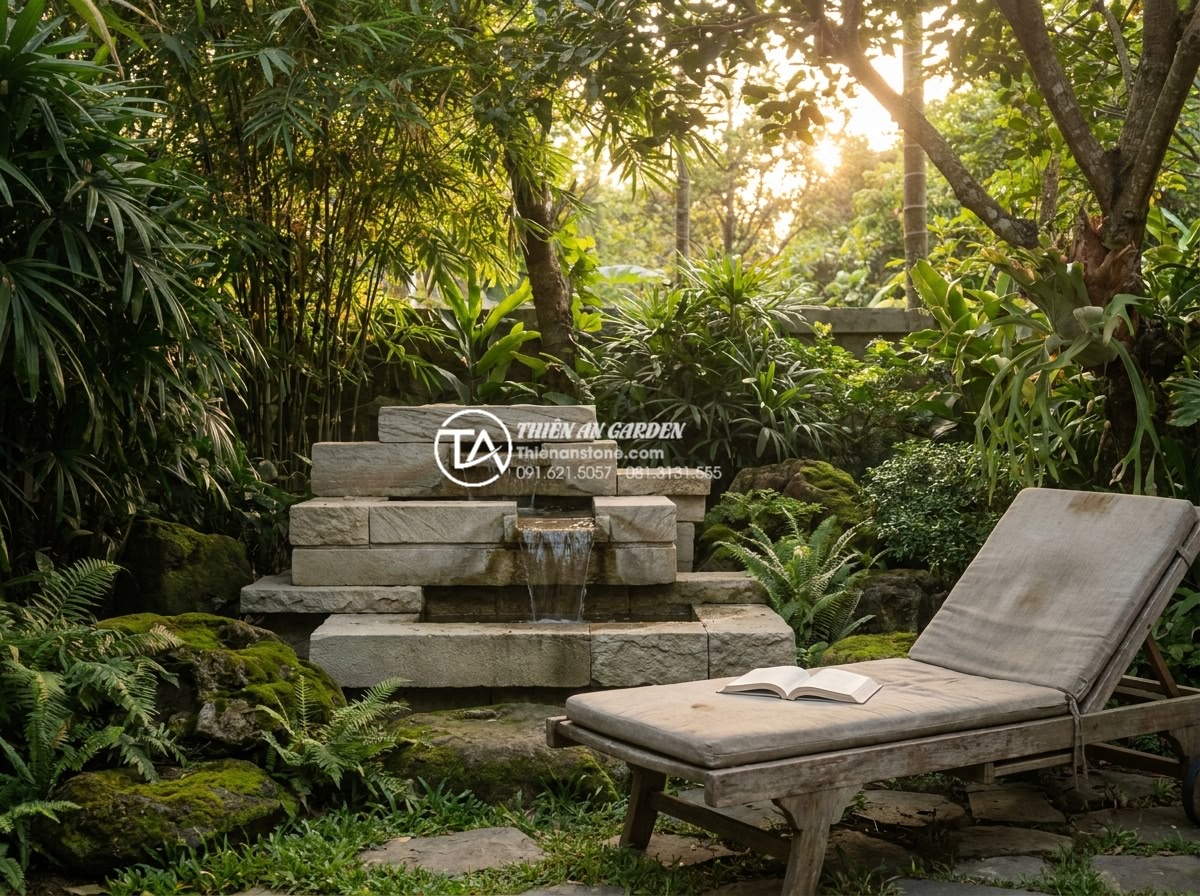 Tiểu Cảnh Sân Sau - Homeowner sitting peacefully in completed backyard garden, reading book near sto