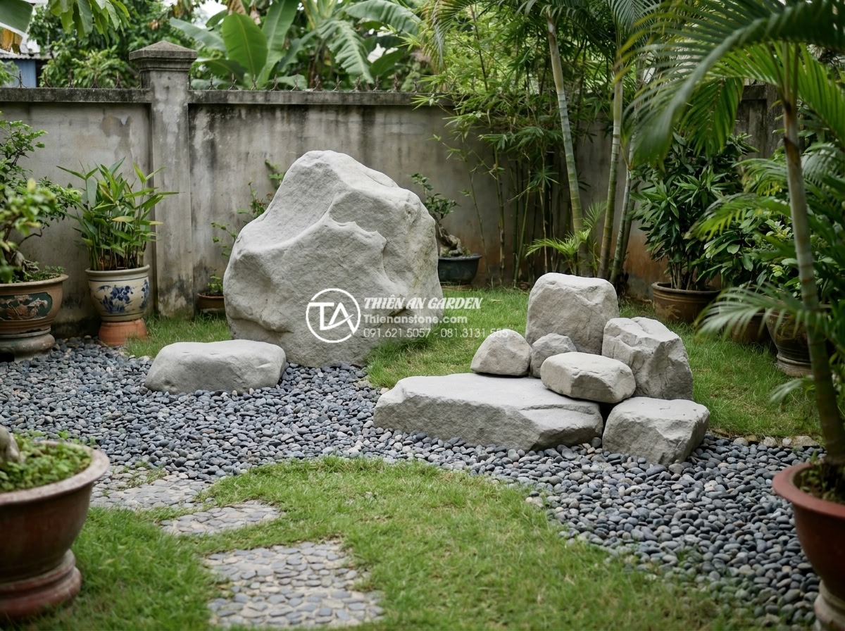 Tiểu Cảnh Sân Sau - Backyard garden demonstrating proper stone-to-space ratio, main stone one-third 