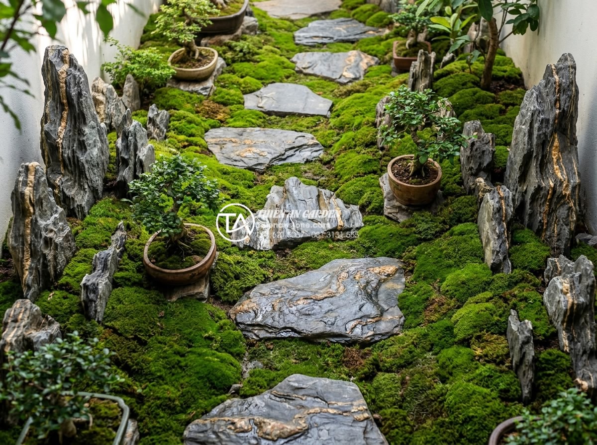 Tiểu Cảnh Sân Sau - Overhead view of a narrow backyard transformed into a miniature landscape garden