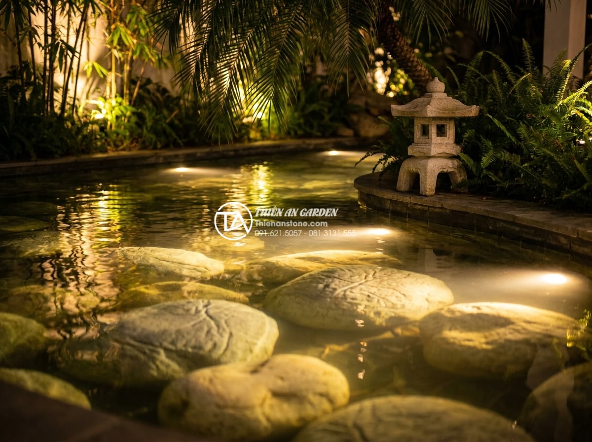 Tiểu Cảnh Sân Sau - Backyard garden water feature illuminated at night, underwater LED lights creati