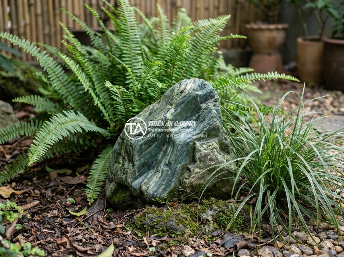 Tiểu Cảnh Sân Sau - Natural stone surrounded by carefully arranged plants in backyard garden, ferns 