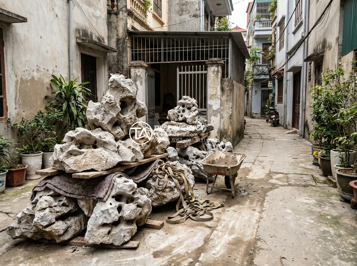 Tiểu Cảnh Sân Sau - Workers carefully transporting natural stone through narrow alley to access back