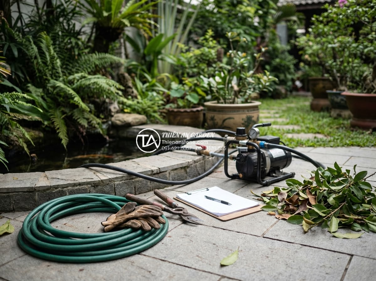 Tiểu Cảnh Sân Sau - Maintenance team checking pump system and trimming plants in established backyar