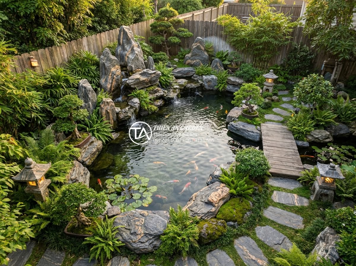 Tiểu Cảnh Sân Sau - Serene backyard garden overview showing all elements harmoniously combined, natu