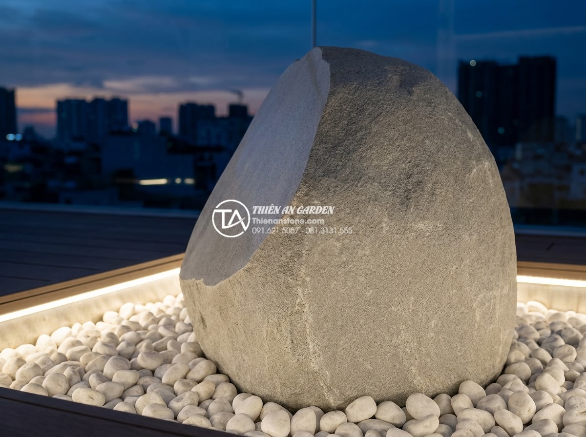 Tiểu Cảnh Sân Thượng - Close-up of a natural stone sculpture on a modern rooftop terrace, one side poli