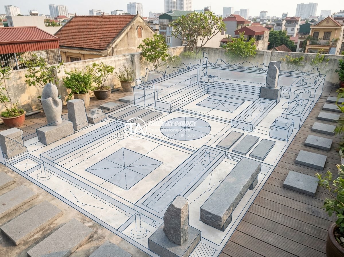 Tiểu Cảnh Sân Thượng - Architectural blueprint overlay on a rooftop terrace showing load-bearing zones 