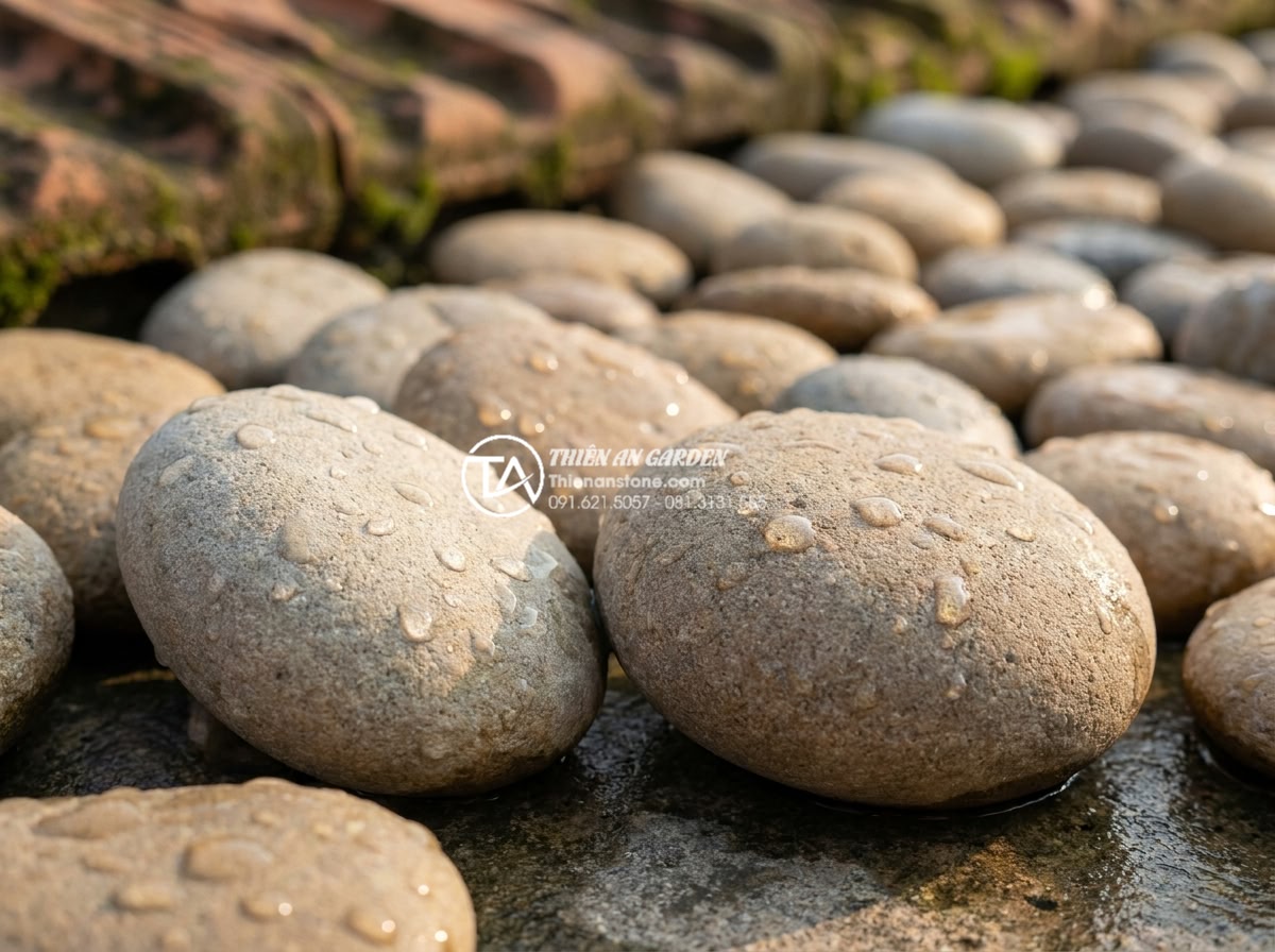 Tiểu Cảnh Sân Thượng - Close-up of natural river pebbles arranged on a rooftop garden surface, wet ston