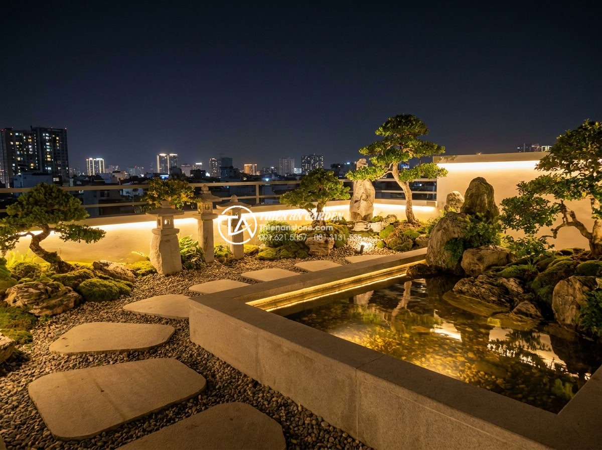 Tiểu Cảnh Sân Thượng - Rooftop miniature landscape at night with sophisticated landscape lighting, upli