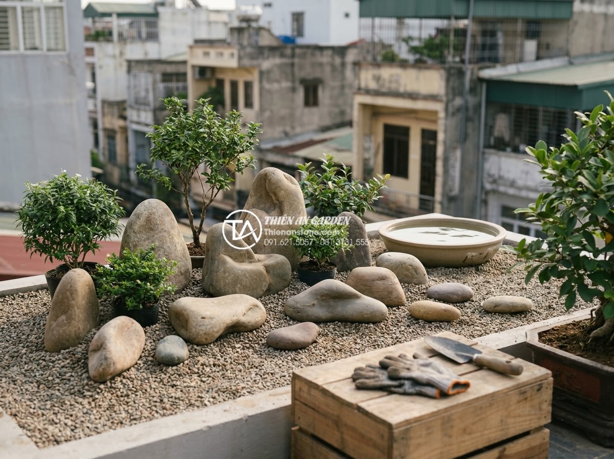Tiểu Cảnh Sân Thượng - Finished rooftop miniature landscape being fine-tuned by landscape designer, adj