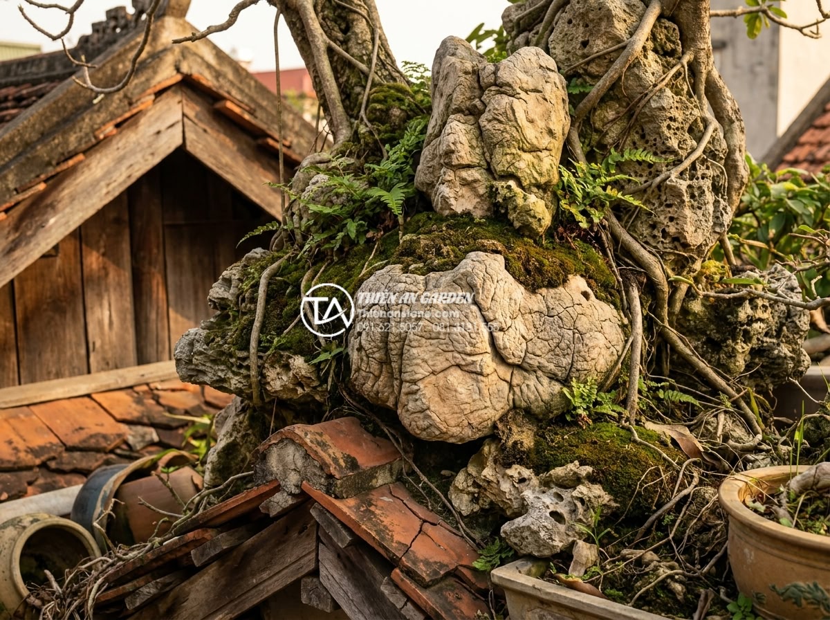 Tiểu Cảnh Sân Thượng - Aged rooftop miniature landscape showing beautiful patina on natural stones, wel