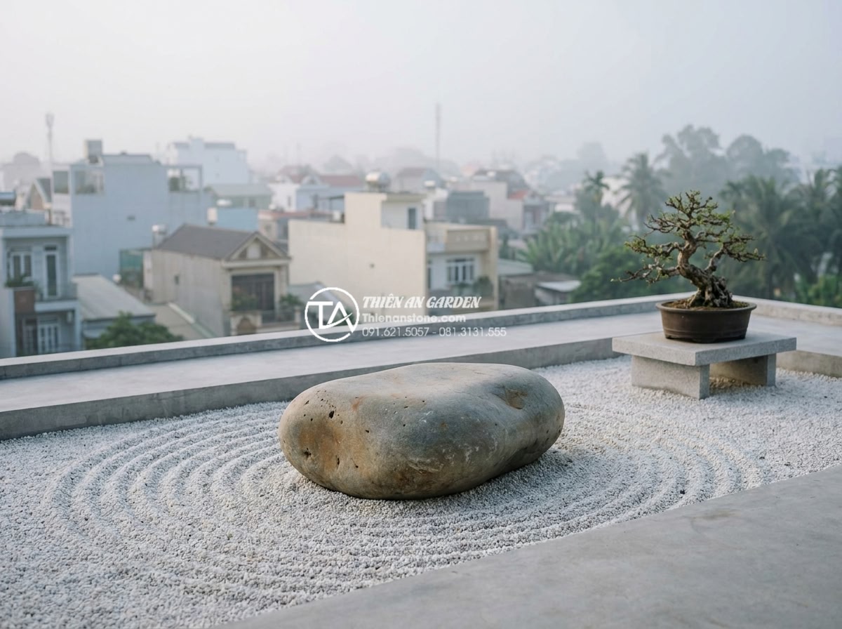 Tiểu Cảnh Sân Thượng - Minimalist Japanese zen garden on a modern rooftop, white gravel raked in wave p