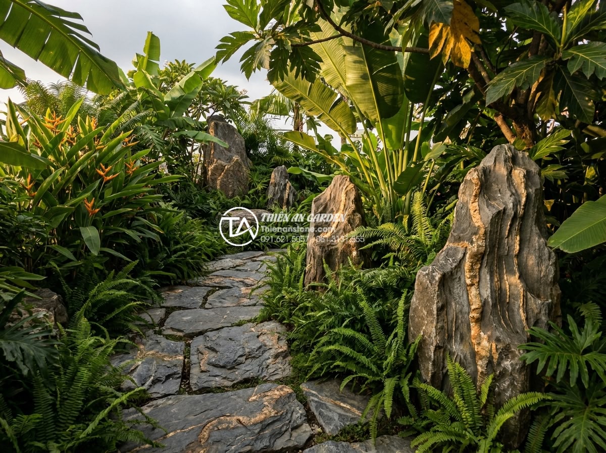 Tiểu Cảnh Sân Thượng - Lush tropical rooftop garden with natural stone boulders, ferns, banana plants, 