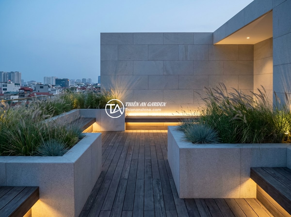 Tiểu Cảnh Sân Thượng - Modern minimalist rooftop terrace design, geometric stone planters with ornament