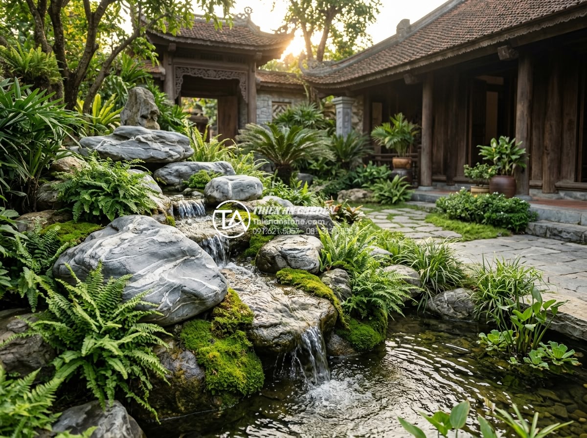 Tiểu Cảnh Sân Vườn - Hình 1 Tiểu Cảnh Sân Vườn - Ultra realistic photo of a luxurious Vietnamese villa courtyard garden with natu