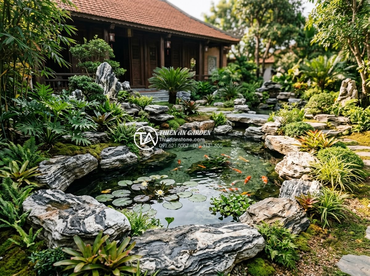 Tiểu Cảnh Sân Vườn - Hình 10 Tiểu Cảnh Sân Vườn - Garden miniature landscape with integrated koi fish pond, natural stone border a