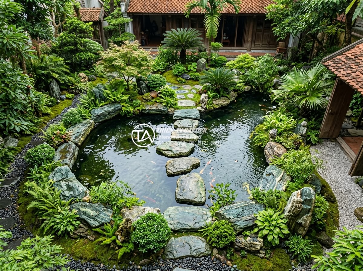 Tiểu Cảnh Sân Vườn - Hình 11 Tiểu Cảnh Sân Vườn - Overhead view of garden miniature landscape centered around natural stone edged