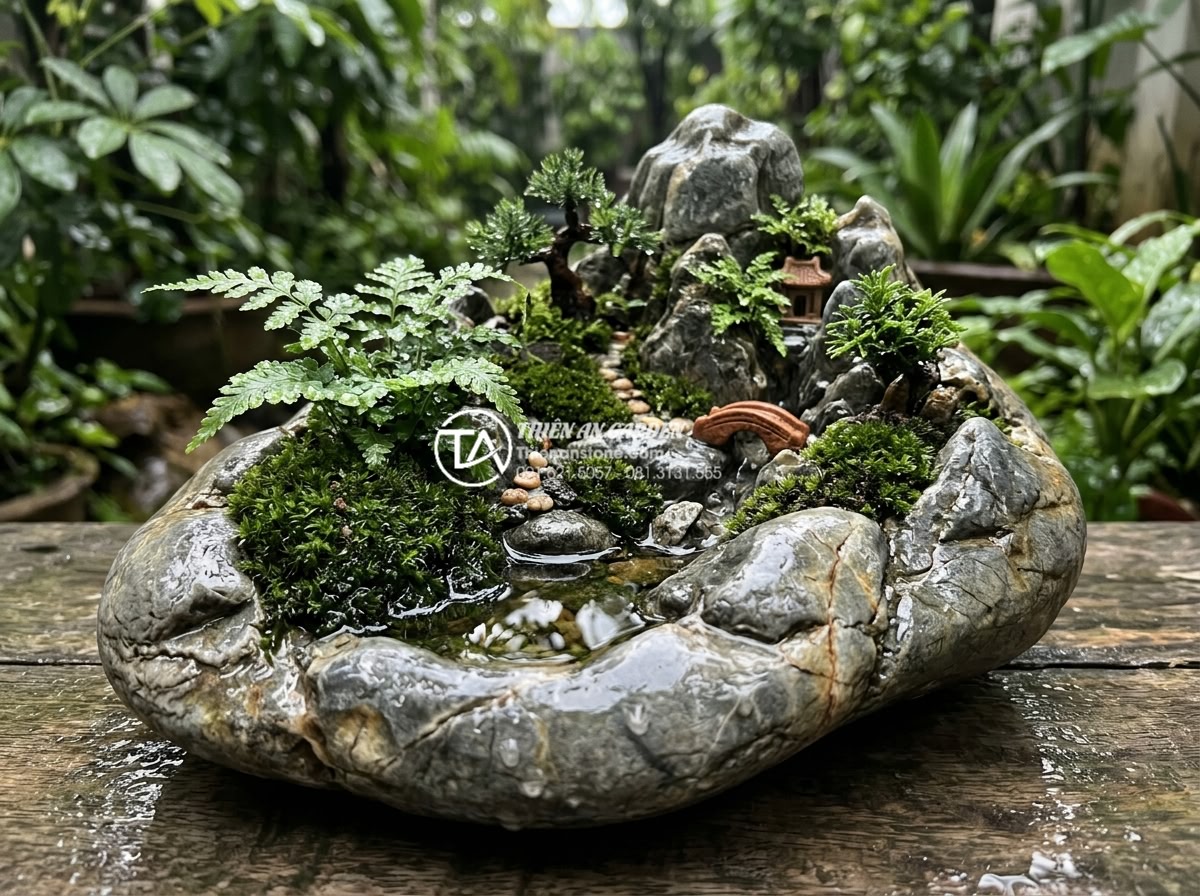 Tiểu Cảnh Sân Vườn - Hình 14 Tiểu Cảnh Sân Vườn - Natural stone miniature landscape after rain, wet stone surfaces glistening, enh