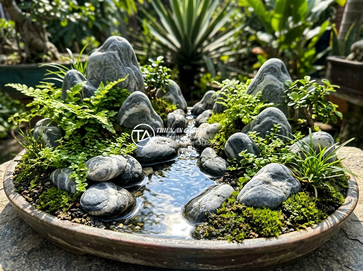 Tiểu Cảnh Sân Vườn - Hình 18 Tiểu Cảnh Sân Vườn - Garden miniature landscape at midday with harsh sunlight, sharp shadows under na