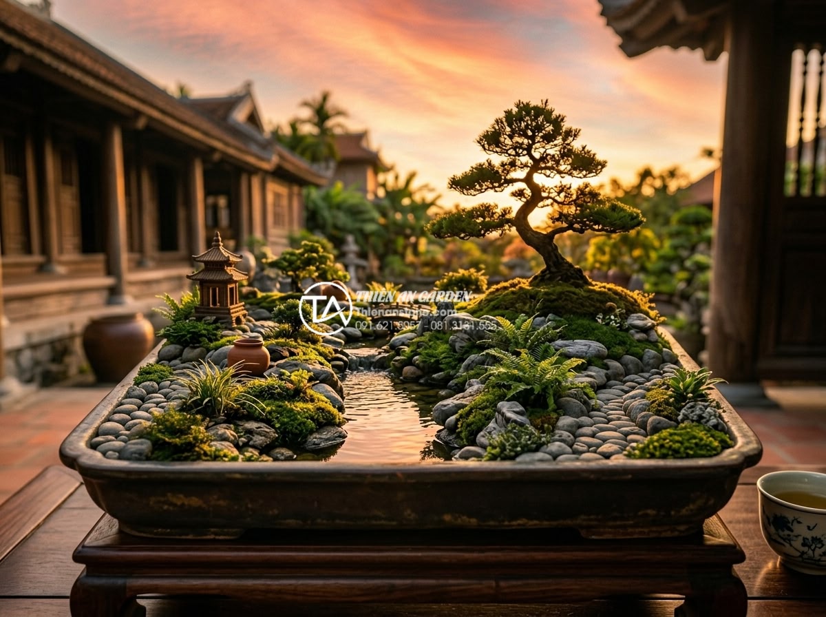 Tiểu Cảnh Sân Vườn - Hình 19 Tiểu Cảnh Sân Vườn - Garden miniature landscape at golden hour sunset, warm golden light bathing natu