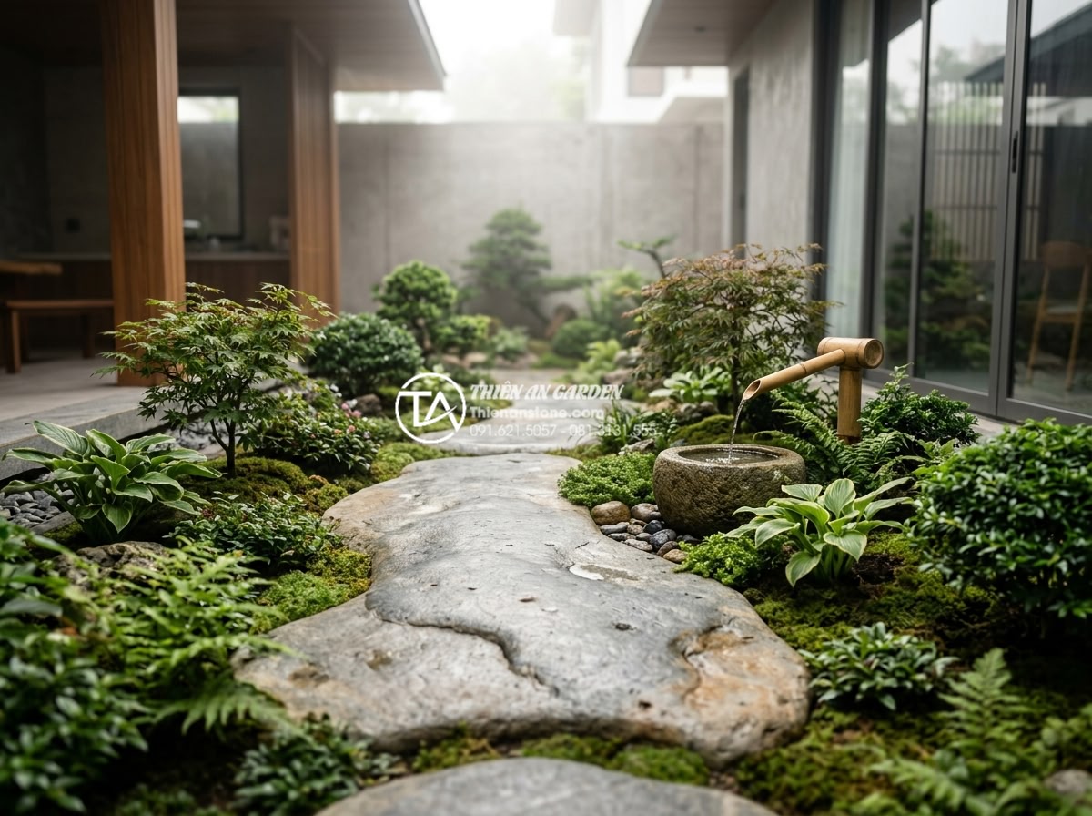 Tiểu Cảnh Sân Vườn - Hình 2 Tiểu Cảnh Sân Vườn - Cinematic wide angle shot of a Japanese inspired garden miniature landscape in a