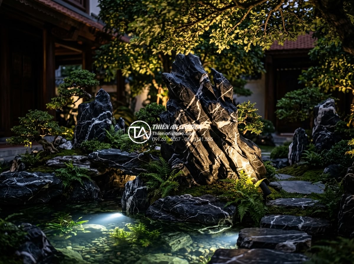 Tiểu Cảnh Sân Vườn - Hình 20 Tiểu Cảnh Sân Vườn - Garden miniature landscape at night with professional landscape lighting, spot l