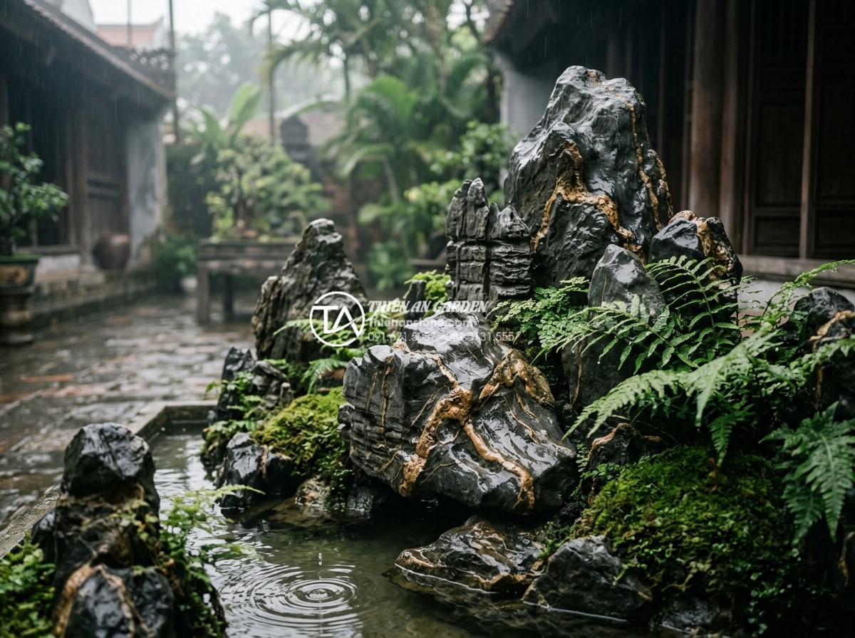 Tiểu Cảnh Sân Vườn - Hình 21 Tiểu Cảnh Sân Vườn - Garden miniature landscape moments after rain, wet glistening stone surfaces, wa