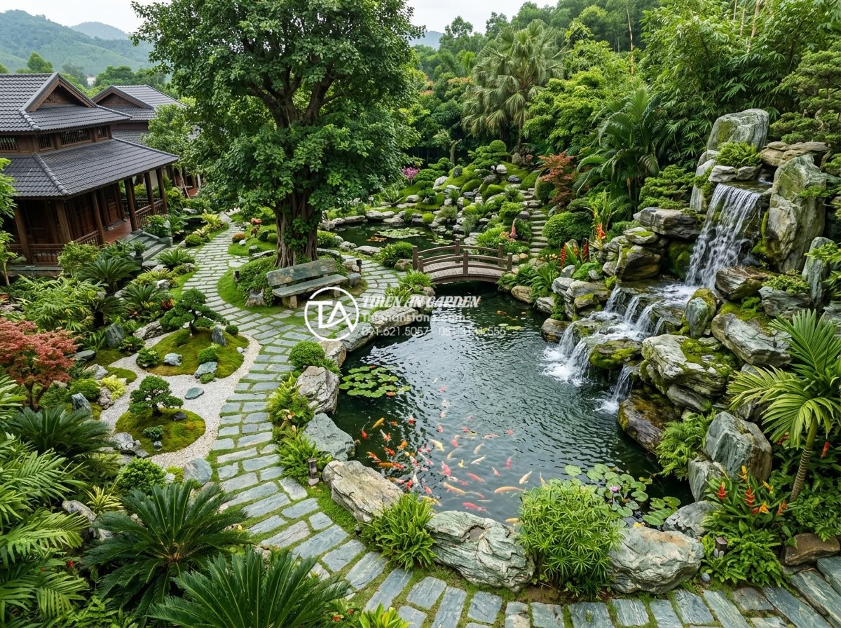 Tiểu Cảnh Sân Vườn - Hình 23 Tiểu Cảnh Sân Vườn - Expansive luxury Vietnamese villa garden with interconnected miniature landscape