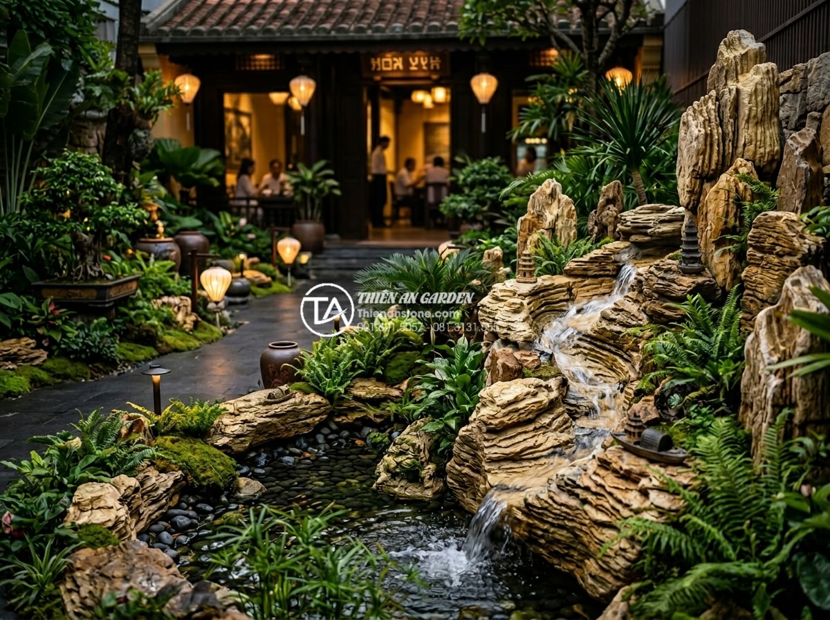 Tiểu Cảnh Sân Vườn - Hình 24 Tiểu Cảnh Sân Vườn - Garden miniature landscape at entrance of upscale Vietnamese restaurant, natural
