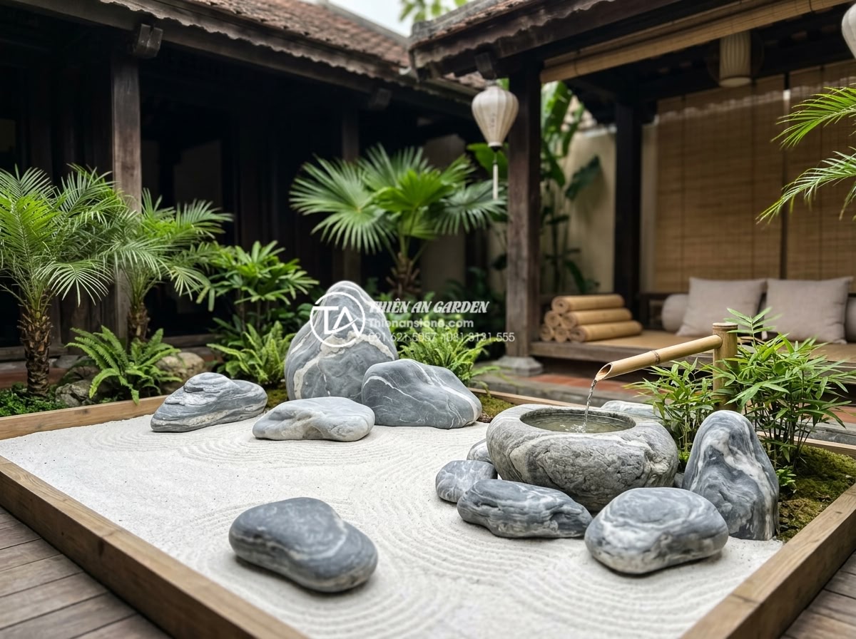 Tiểu Cảnh Sân Vườn - Hình 25 Tiểu Cảnh Sân Vườn - Spa courtyard with zen garden miniature landscape, smooth river stones, raked sa