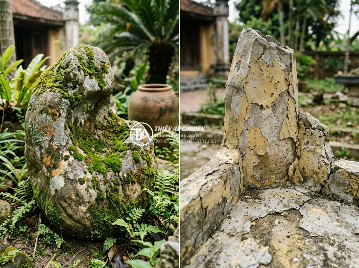Tiểu Cảnh Sân Vườn - Hình 26 Tiểu Cảnh Sân Vườn - Comparison showing aged natural stone in garden miniature landscape still beauti