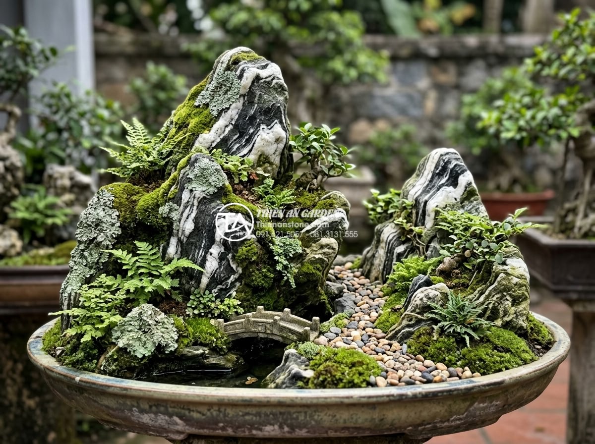 Tiểu Cảnh Sân Vườn - Hình 27 Tiểu Cảnh Sân Vườn - Mature garden miniature landscape with naturally aged stones covered in beautifu