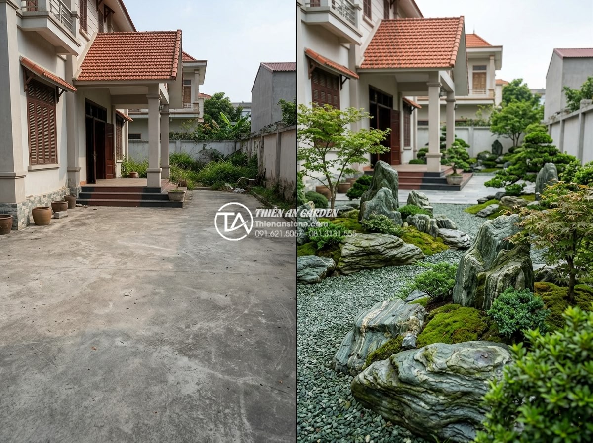 Tiểu Cảnh Sân Vườn - Hình 28 Tiểu Cảnh Sân Vườn - Before and after comparison of Vietnamese villa garden, bare concrete courtyard