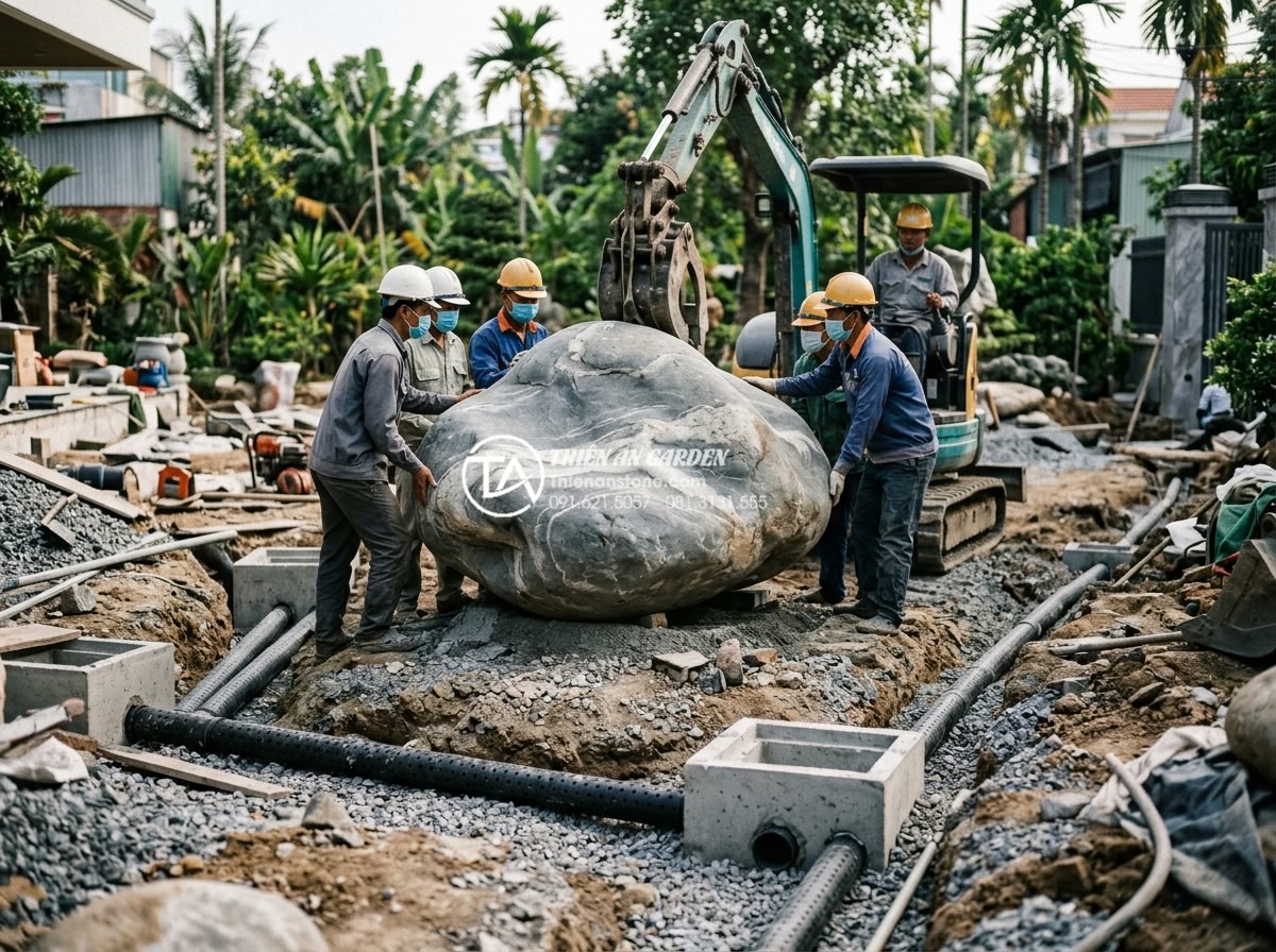 Tiểu Cảnh Sân Vườn - Hình 30 Tiểu Cảnh Sân Vườn - Construction process of garden miniature landscape, workers carefully placing la