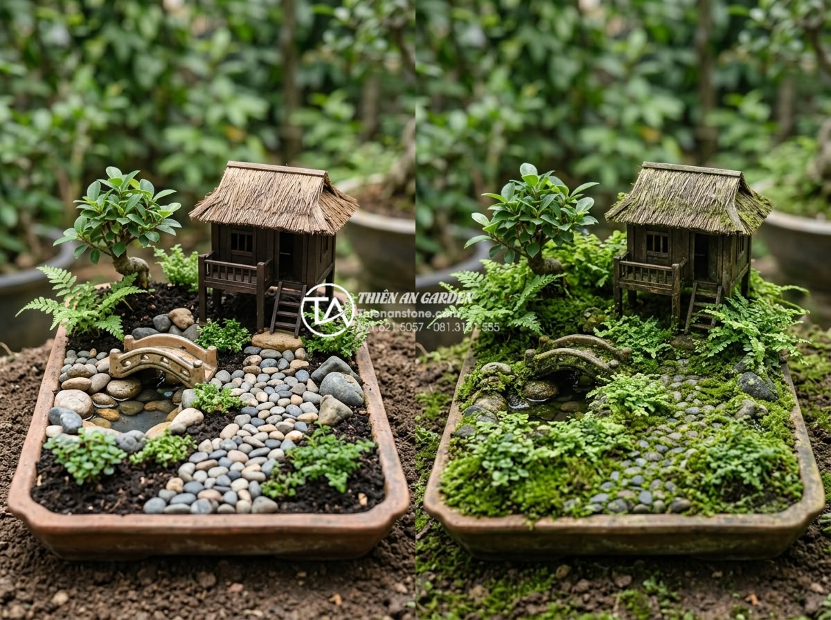 Tiểu Cảnh Sân Vườn - Hình 31 Tiểu Cảnh Sân Vườn - Freshly completed garden miniature landscape versus same landscape after three m
