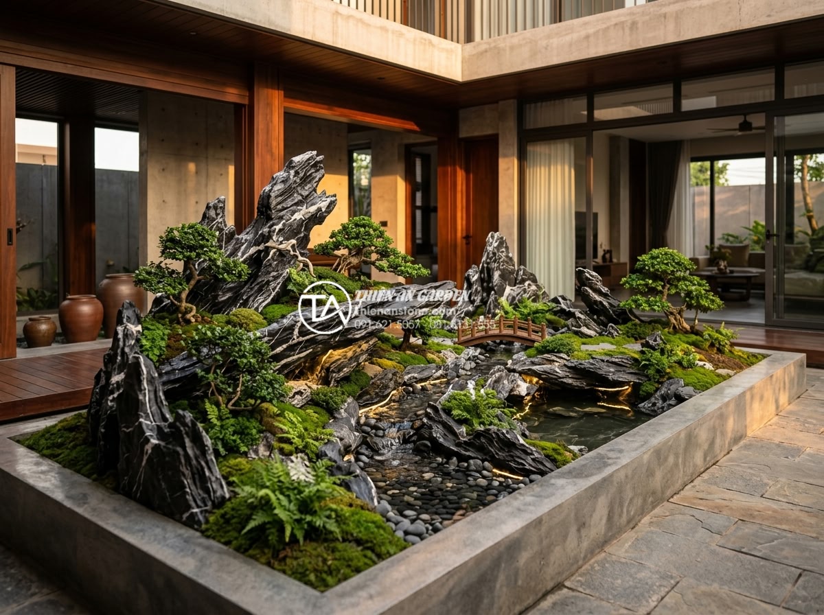 Tiểu Cảnh Sân Vườn - Hình 32 Tiểu Cảnh Sân Vườn - Completed luxury garden miniature landscape in Vietnamese villa showing various