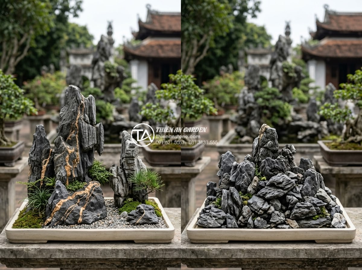 Tiểu Cảnh Sân Vườn - Hình 33 Tiểu Cảnh Sân Vườn - Comparison of two garden miniature landscapes - one with few carefully selected