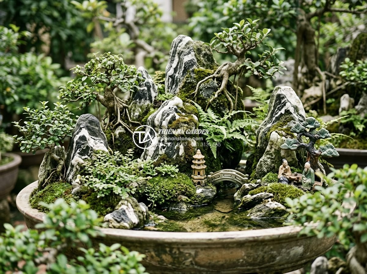 Tiểu Cảnh Sân Vườn - Hình 34 Tiểu Cảnh Sân Vườn - Mature well-maintained garden miniature landscape showing natural aging beauty,
