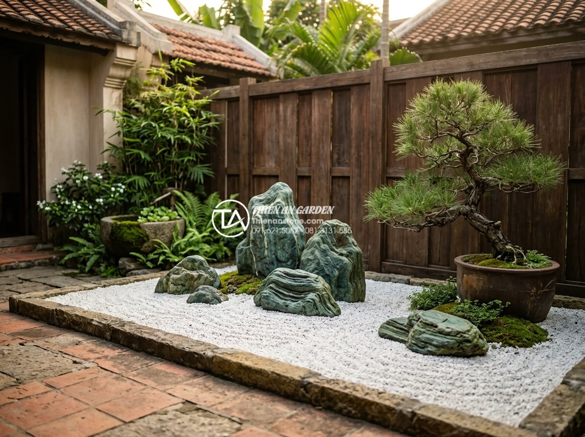 Tiểu Cảnh Sân Vườn - Hình 4 Tiểu Cảnh Sân Vườn - Zen Japanese rock garden style miniature landscape in Vietnamese courtyard, rake