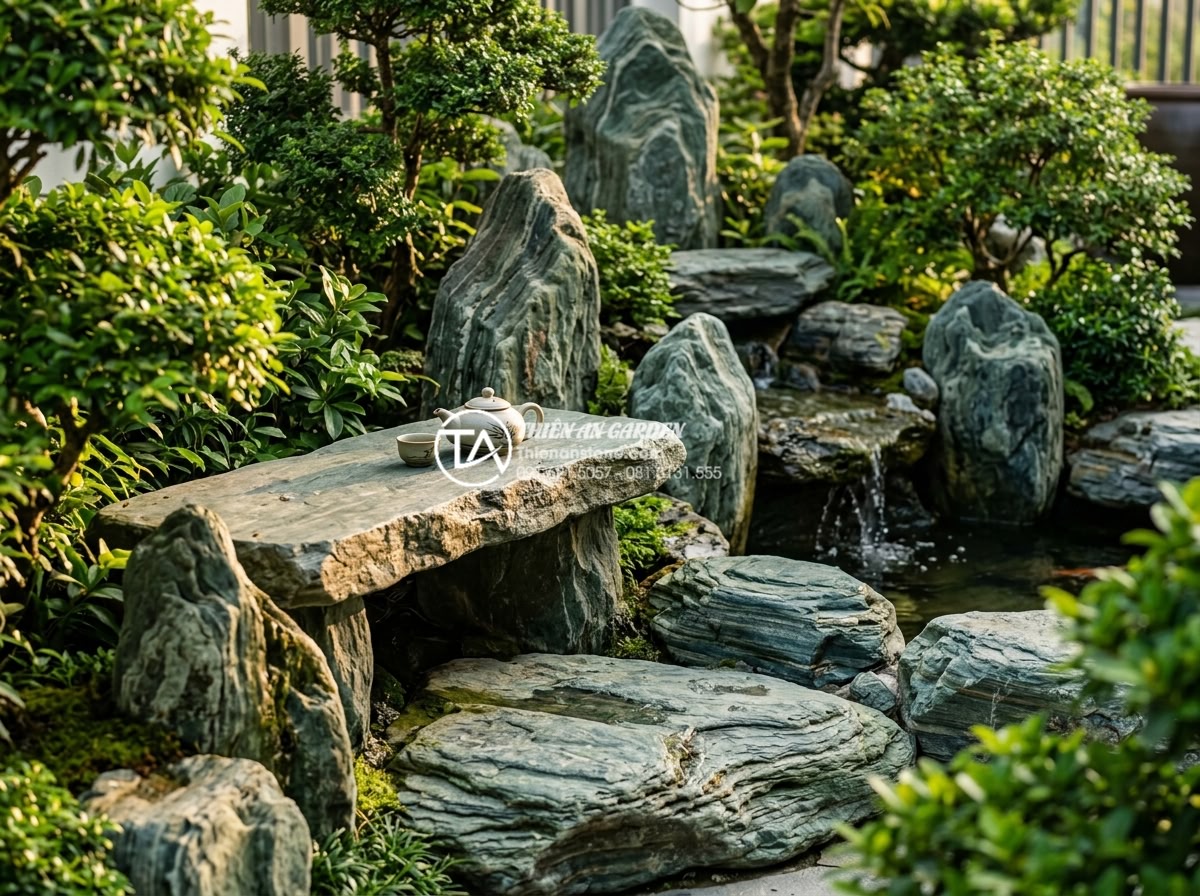 Tiểu Cảnh Sân Vườn - Hình 40 Tiểu Cảnh Sân Vườn - Peaceful scene of homeowner sitting at stone bench in completed garden miniature