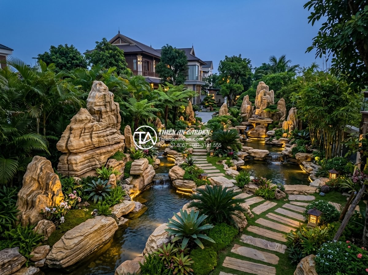 Tiểu Cảnh Sân Vườn - Hình 41 Tiểu Cảnh Sân Vườn - Wide cinematic shot of completed luxury Vietnamese villa garden with comprehensi