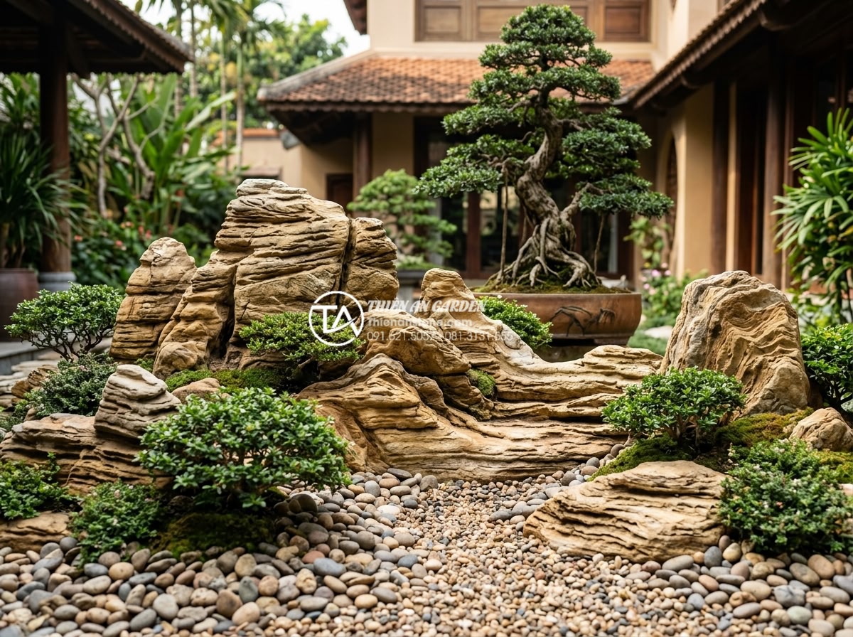 Tiểu Cảnh Sân Vườn - Hình 5 Tiểu Cảnh Sân Vườn - Multi-layered garden miniature landscape design showing depth perspective, foreg