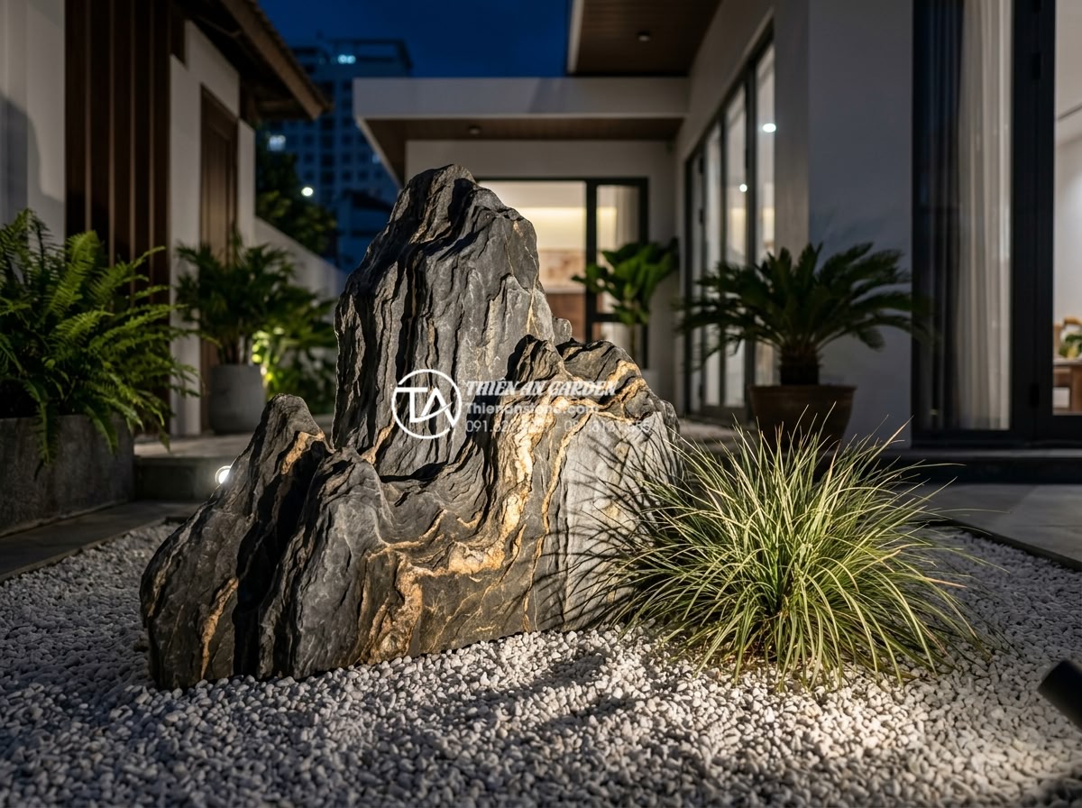 Tiểu Cảnh Sân Vườn - Hình 9 Tiểu Cảnh Sân Vườn - Modern minimalist garden miniature landscape with single large black natural sto