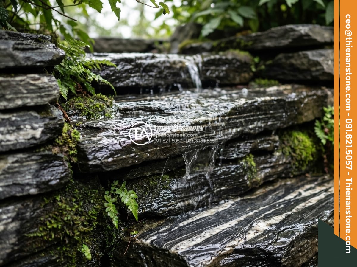 Tiểu Cảnh Thác Nước Sân Vườn - Hình 15 Tiểu Cảnh Thác Nước Sân Vườn - Close-up of stacked natural slate stones forming waterfall steps, thin water fil