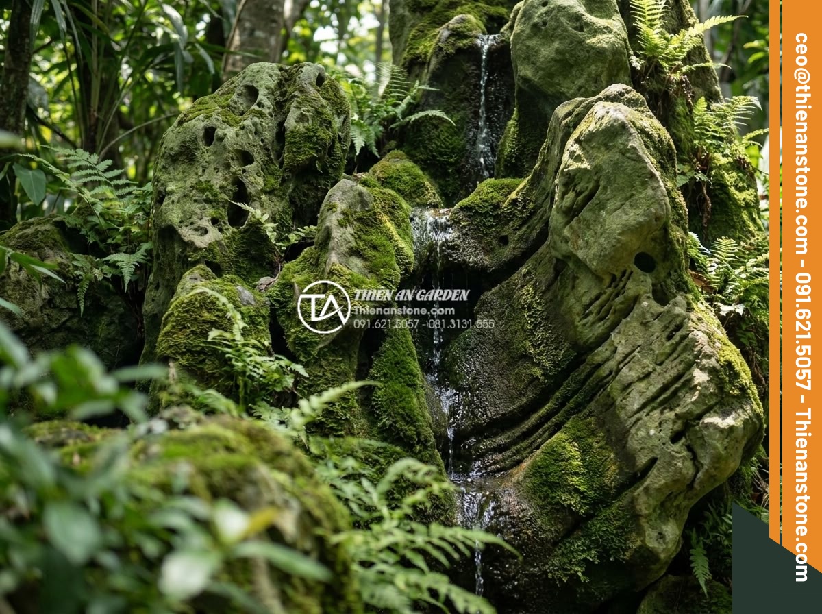 Tiểu Cảnh Thác Nước Sân Vườn - Hình 16 Tiểu Cảnh Thác Nước Sân Vườn - Rugged coral stone waterfall feature in lush tropical garden, water finding path